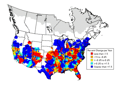 Colored map showing population trends for Blue-gray Gnatcatchers