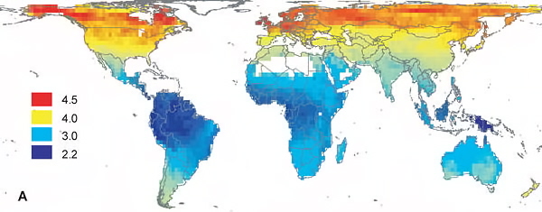 Colored map showing how clutch sizes vary with latitude