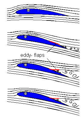 Drawings showing how elevated covert feathers act as eddy flaps and reduce turbulence