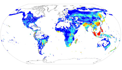 Colored map showing distribution of threatened species of birds in different parts of the world
