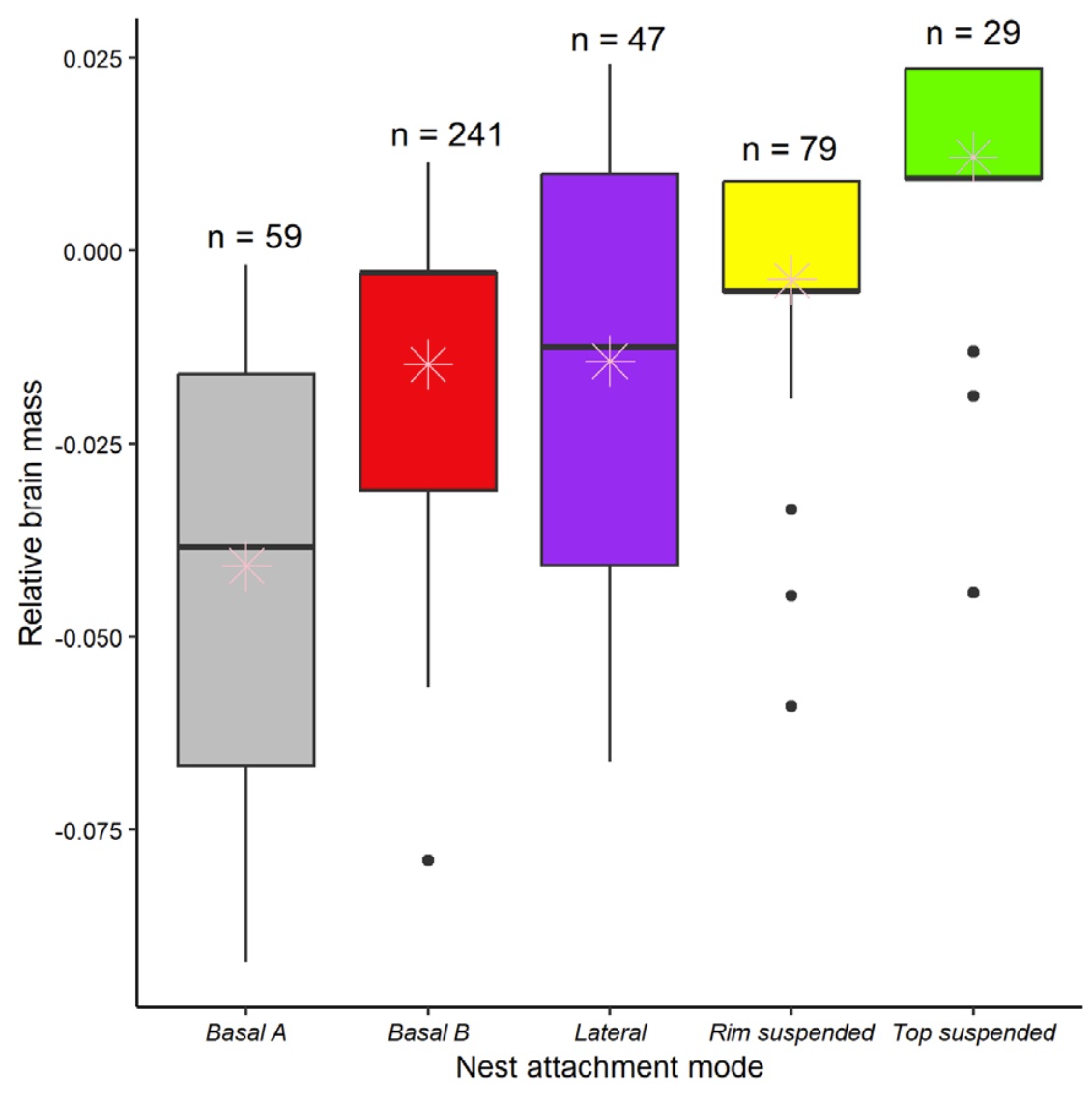 Relative brain mass and various methods of nest attachment