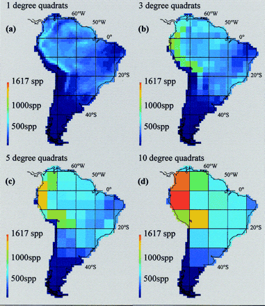Colored maps showing variation in avian species richness in South America