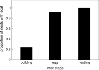Bar graph showing proportion of Common Waxbill nests with scat at different nest stages