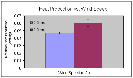 Bar graph showing metabolic heat production by a sparrow with no wind and wind at 2 meters per second