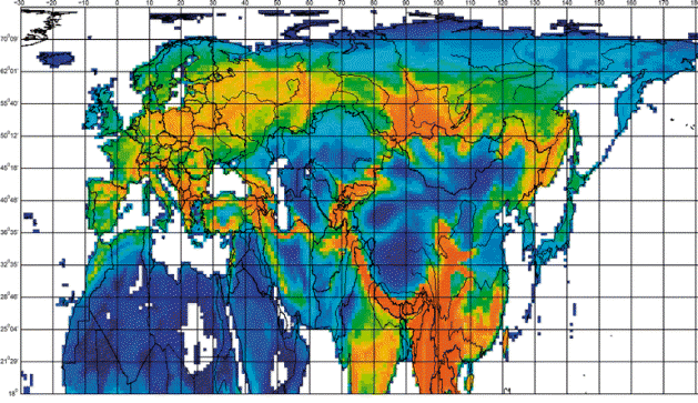 Colored map showing variation in avian species richness in the Palearctic realm