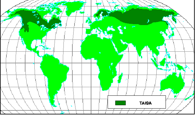 Map showing the location of taiga habitat in the northern hemisphere